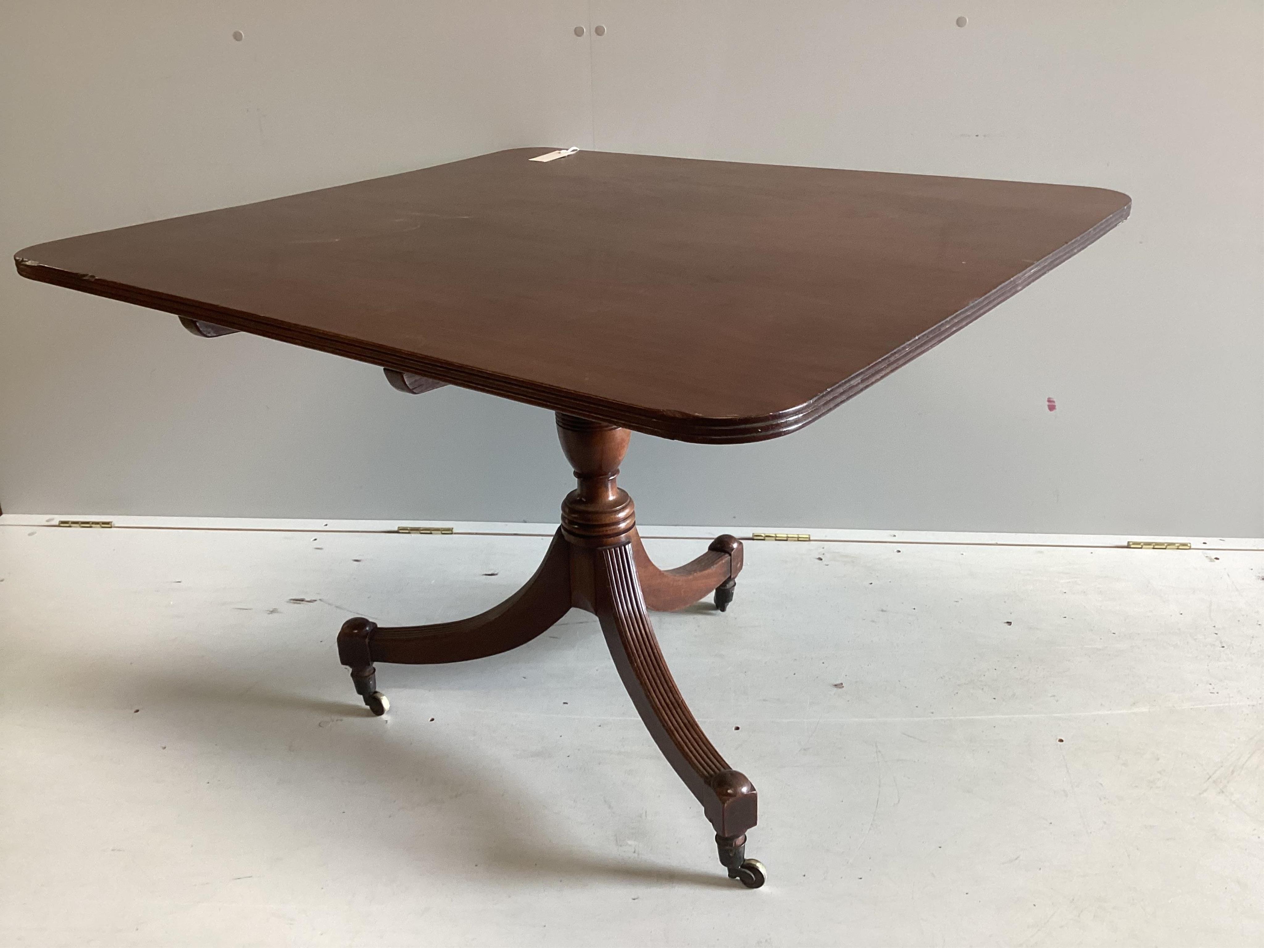 A Regency rectangular mahogany tilt top breakfast table, width 101cm, depth 91cm, height 72cm. Condition - fair